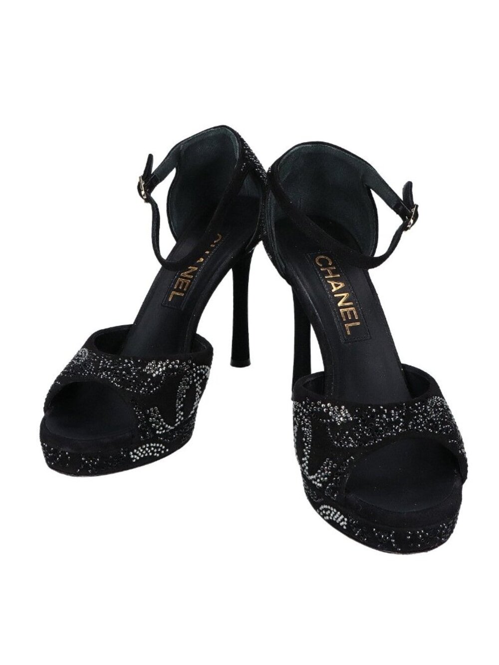 Chanel Suede Leather CC Logo Rhinestone Sandals 37c